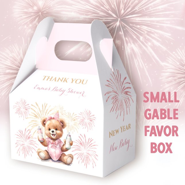 Caixa de Favoritos de Chá de fraldas de Garota Ros (New Year Pink Bear Small Gable Favor Box -  You can choose from 3 sizes of these gable favor boxes)