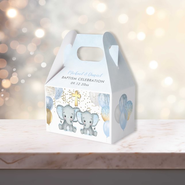 Caixa de Favoritos do Baptism do Balão dos Meninos (Cute Elephant Boys Balloon Baptism Favor Box)