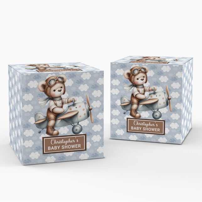 Caixa de Favoritos do Bear Azul do Piloto do Urso  (Classic Teddy Bear Pilot Blue Baby Favor Box)