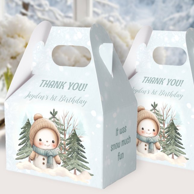 Caixa de Favoritos do primeiro aniversario Azul de (Cute Snowman Blue Winter 1st Birthday Favor Box)