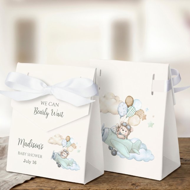Caixa de festa de baby shower do ursinho aviador (We Can Bearly Wait Teddy Bear Airplane Party Box)