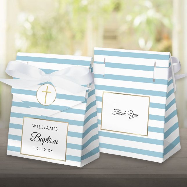 Caixa de Lembrança de Batismo com Listra Azul Fofa (Cute Blue Stripe Baptism Christening Favor Box)