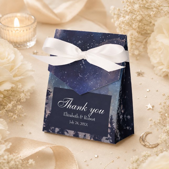 Caixa de Lembrança de Casamento Estrela Celestial  (Celestial Starry Night Wedding Favor Box on an elegant celestial wedding table)