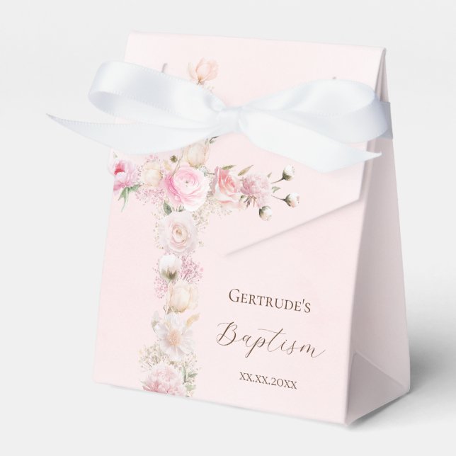 Caixa de lembrança de cruz floral rosa para batism (Frente)