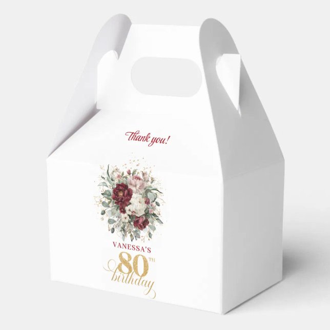 Caixa de Lembrança Rosa Elegante Borgonha para 80º (Elegant Blush Burgundy 80th Birthday Favor Box)