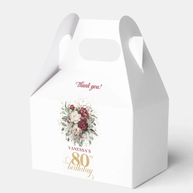 Caixa de Presente de Aniversário de 80 Anos Bohemi (Bohemian Blush Burgundy 80th Birthday Favor Box)