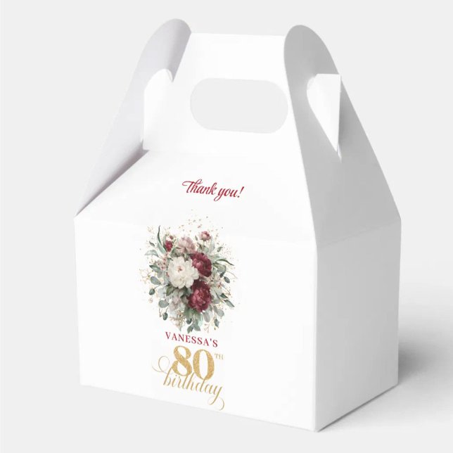 Caixas de Favor de 80º Aniversário Vermelho Bordea (Botanical Blush Burgundy 80th Birthday Favor Box)