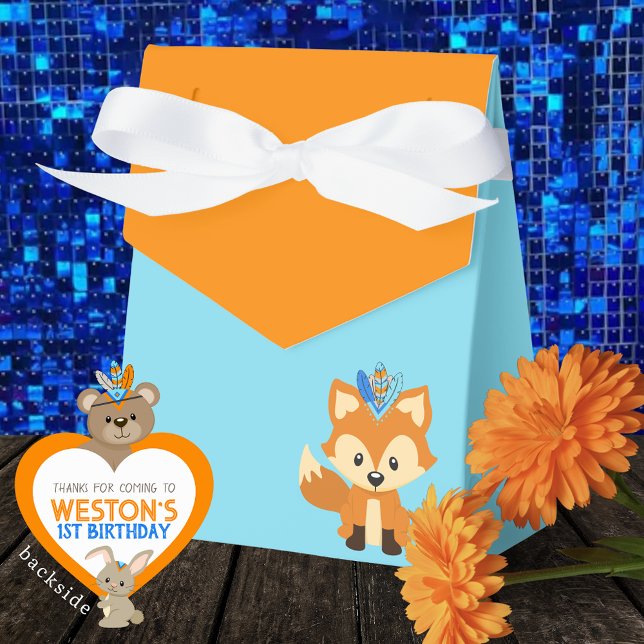 Caixas de Favoritos de Uma Raposa Selvagem Azul Be (One Happy Camper Wild One Forest Fox Favor Boxes in Baby Blue and Orange. Personalized Backside.)