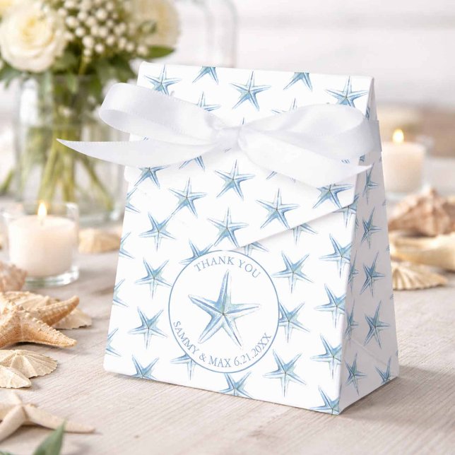 Caixas de Lembranças de Casamento na Praia Estrela (Beach wedding favor boxes designed with watercolor blue starfish pattern.)