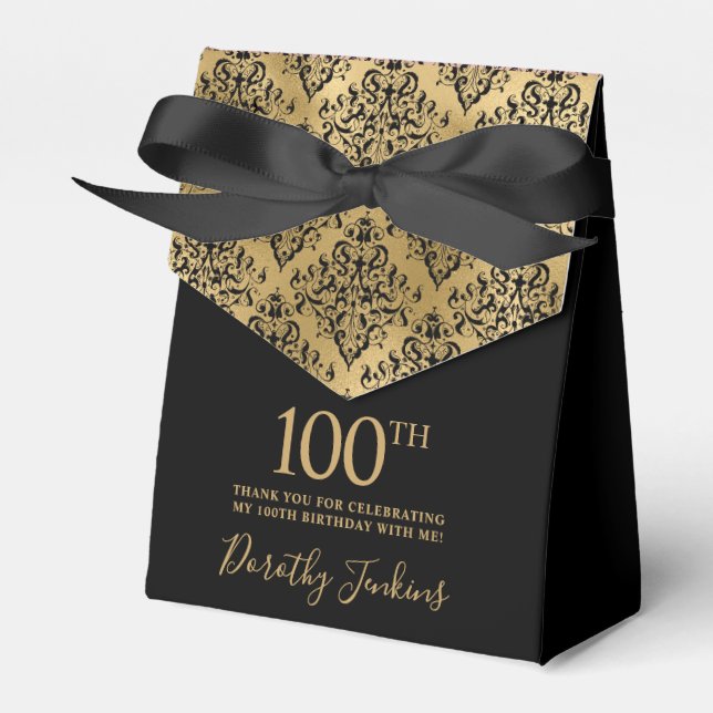 Caixinha De Lembrancinhas 100th Birthday Gold Damask Thank You (Frente)