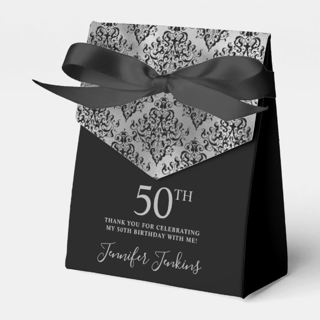 Caixinha De Lembrancinhas 50th Birthday Silver Damask Thank You (Frente)