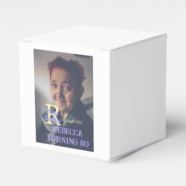 Caixinha De Lembrancinhas 80 de aniversário da foto adicione nome data roxo  (Frente)