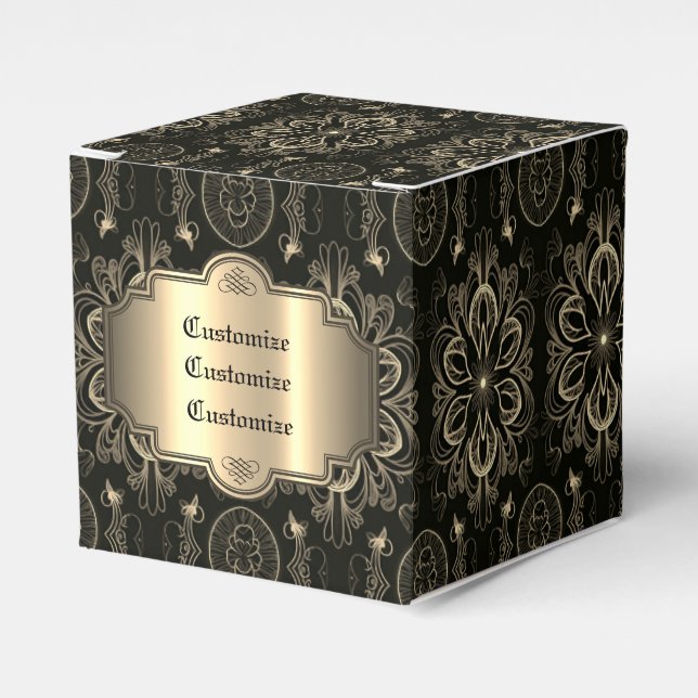 Caixinha De Lembrancinhas Abstrato Floral Preto E Dourado Cubo (Frente)