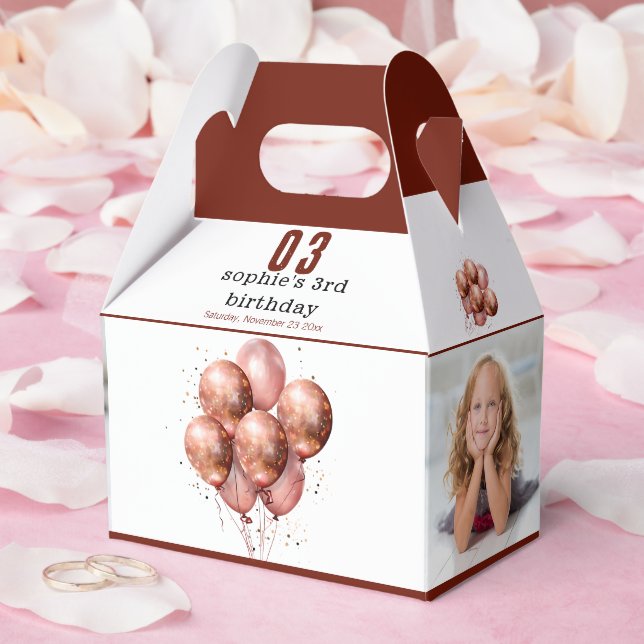 Caixinha De Lembrancinhas Aniversário de 3 anos de balão Dourado Rosa com br (Casamento)
