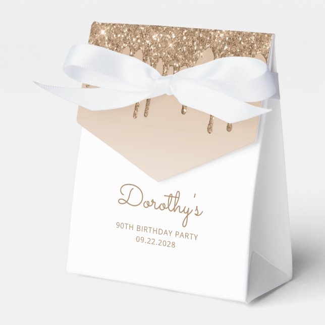 Caixinha De Lembrancinhas Aniversário de 90 anos Drip Script Dourado Elegant (Frente)