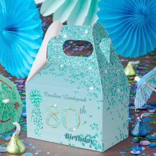 Caixinha De Lembrancinhas Aniversário do 80 de brilhante azul e fita