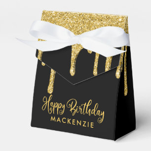 Caixinha De Lembrancinhas Aniversário do Elegante Black Dourado Sparkle Gli