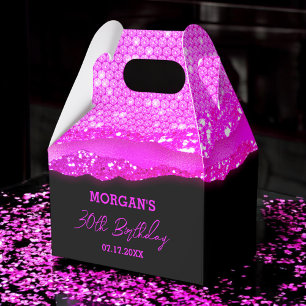 Caixinha De Lembrancinhas Aniversário Pink Black Glitter Nome Obrigado