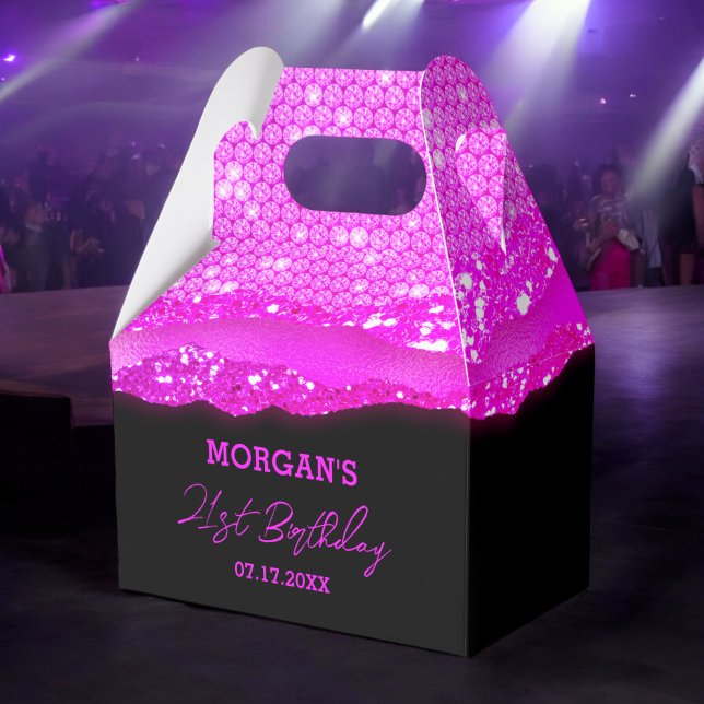 Caixinha De Lembrancinhas Aniversário Pink Black Glitter Nome Obrigado (Criador carregado)