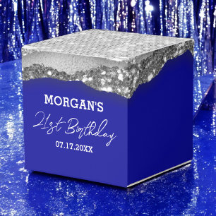 Caixinha De Lembrancinhas Aniversário Royal Blue Silver Glitver Nome Obrigad