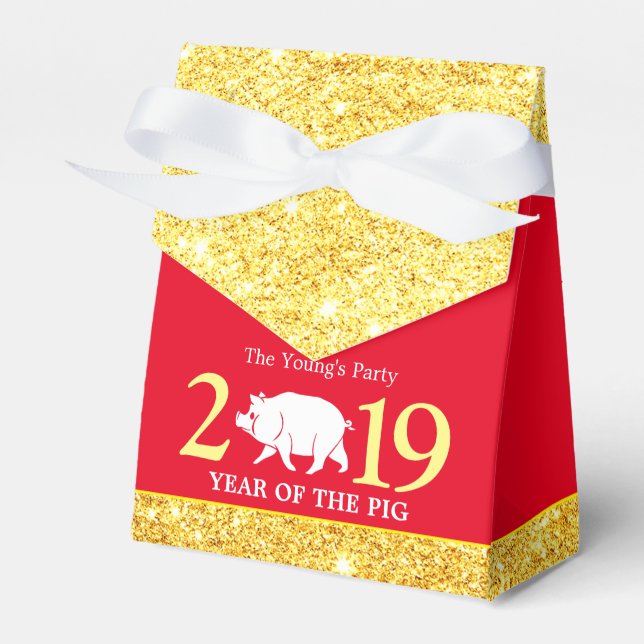 Caixinha De Lembrancinhas Ano Vermelho Dourado Glam Pig 2019 Ano Novo Chinês (Frente)