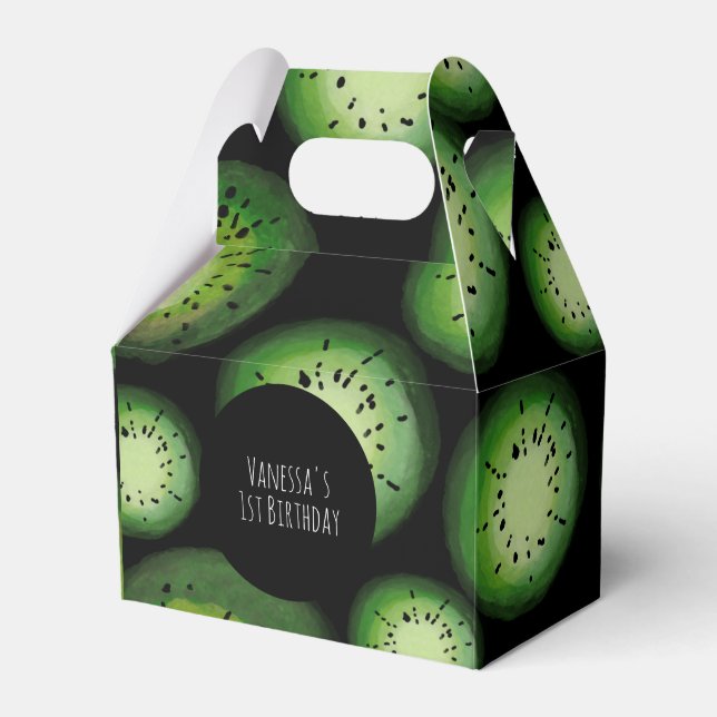 Caixinha De Lembrancinhas Aquarela Preta de Kiwi de Aniversário (Frente)