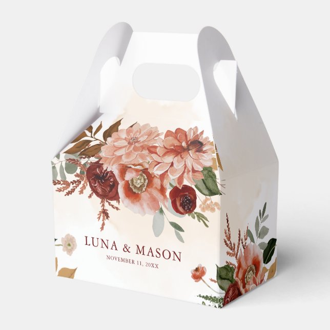 Caixinha De Lembrancinhas Autumn Bohemian Burgundy e Terracotta Floral (Frente)