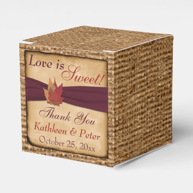 Caixinha De Lembrancinhas Autumn Leaves, FAUX Burlap Favbox - Vinho (Frente)