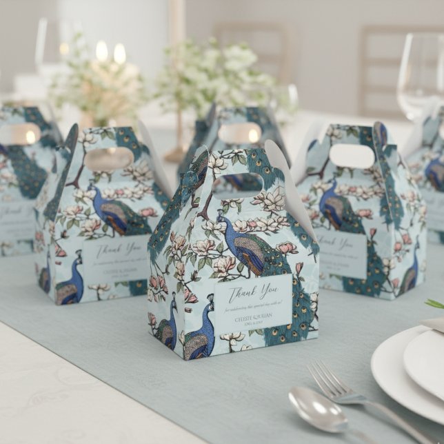 Caixinha De Lembrancinhas Azul Elegante - Alavanca e Flores - Azul (Chic Floral Peacock Pattern Thank You Wedding Light Blue Favor Boxes. Elegant Teal Peacock & Flowers)