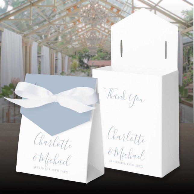 Caixinha De Lembrancinhas Azul Empoeirado Assinatura Script Casamento Elegan (Dusty Blue Signature Script Elegant Wedding Favor Boxes)
