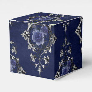 Caixinha De Lembrancinhas Azul Marinho e Floral Vitoriana em Damask Prata
