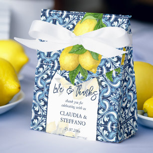 Caixinha De Lembrancinhas Azulejos azuis e limão obrigado de casamento itali