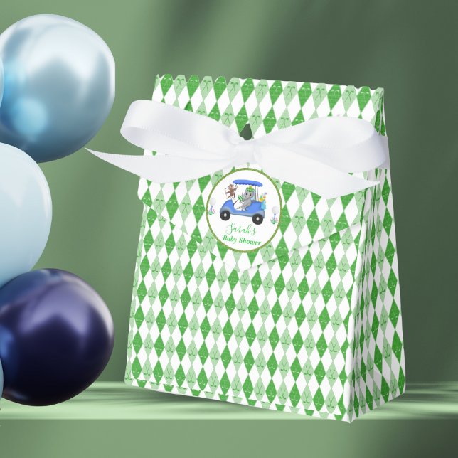 Caixinha De Lembrancinhas Baby Boy Elephant & Monkey Golf Chá de fraldas Ret (This unique golf design has the Elephant and Monkey golf cart with the diamond green pattern.)