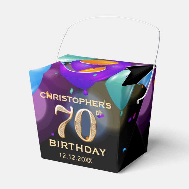 Caixinha De Lembrancinhas Balões Festa de aniversário preto e Dourado (Frente)