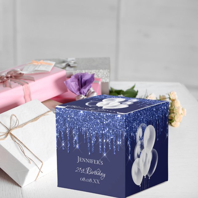 Caixinha De Lembrancinhas Balões festas de aniversário de brilho branco azul (Criador carregado)