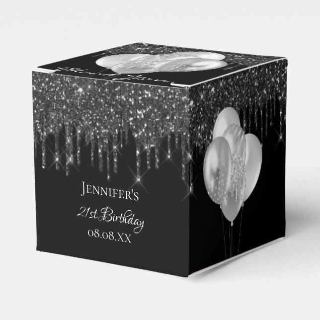 Caixinha De Lembrancinhas Balões festas de aniversário pretos de prata (Frente)