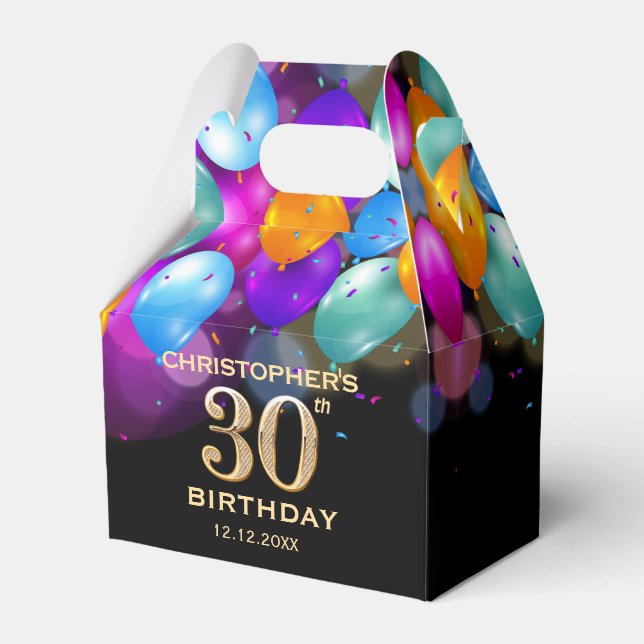 Caixinha De Lembrancinhas Balões Pretos e Dourados do Partido aniversário de (Frente)