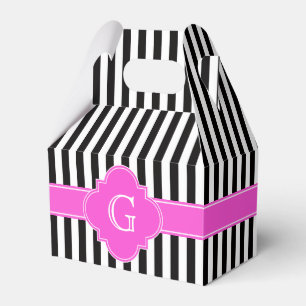 Caixinha De Lembrancinhas Bandas brancas pretas, Monograma Quatrefoil Rosa Q