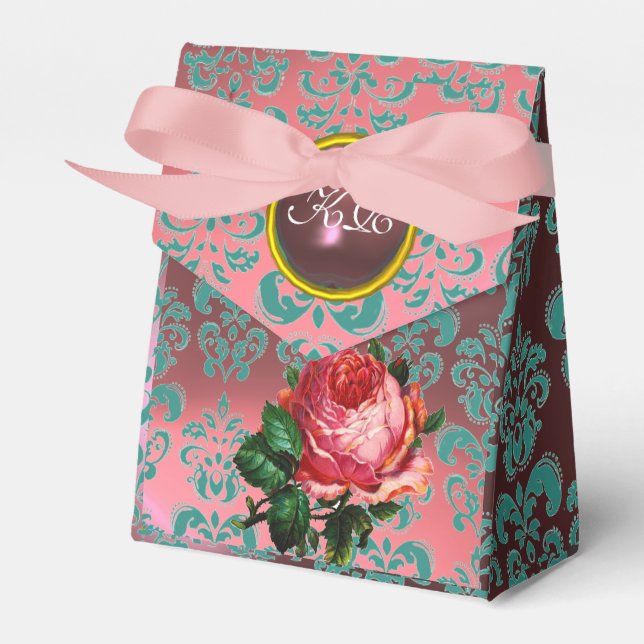 CAIXINHA DE LEMBRANCINHAS BELO PINK ROSE,TEAL BLUE DAMASK GEM MONOGRAM (Frente)