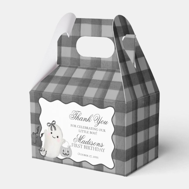Caixinha De Lembrancinhas Black Gingham Cute Boo Ghost Birthday Favors Gable (Frente)