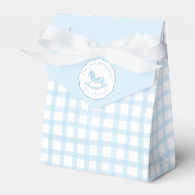 Caixinha De Lembrancinhas Blue Gingham Rocking Horse Baby Favor Bag (Frente)