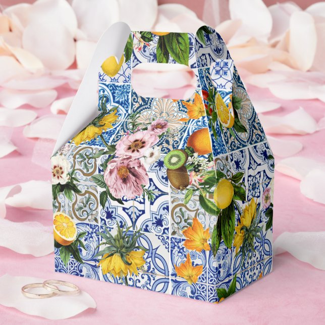 Caixinha De Lembrancinhas Blue Tiles Mediterranean Lemon Pattern (Casamento)