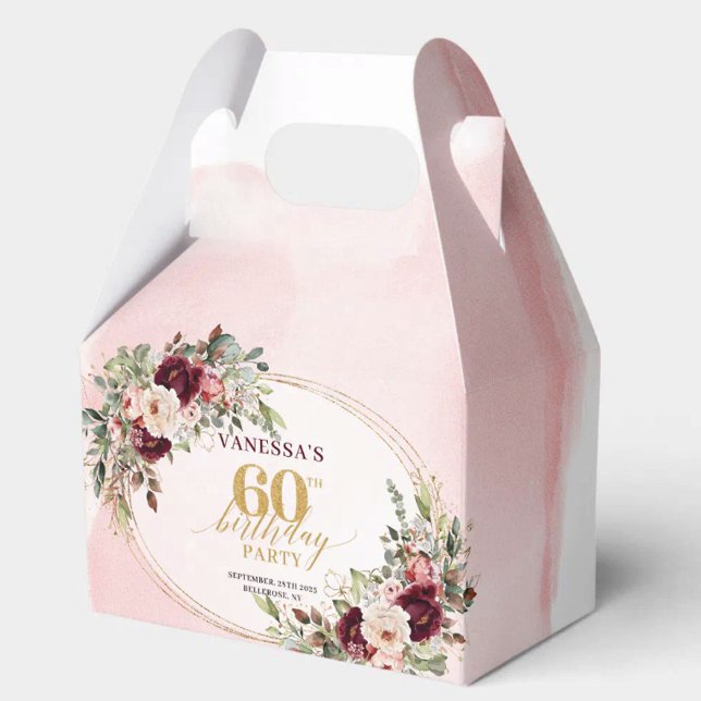Caixinha De Lembrancinhas Boho Blush Burgundy Gold Floral 60th Gift Box (Luxurious Boho Burgundy Roses 60th Birthday Favor

)