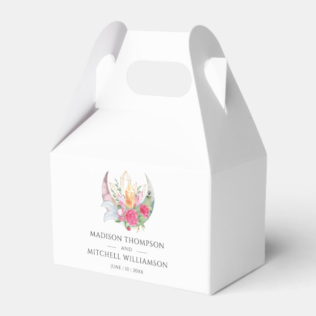 Caixinha De Lembrancinhas Boho Moon Crystals Penas Flores Rosa Casamento (Frente)