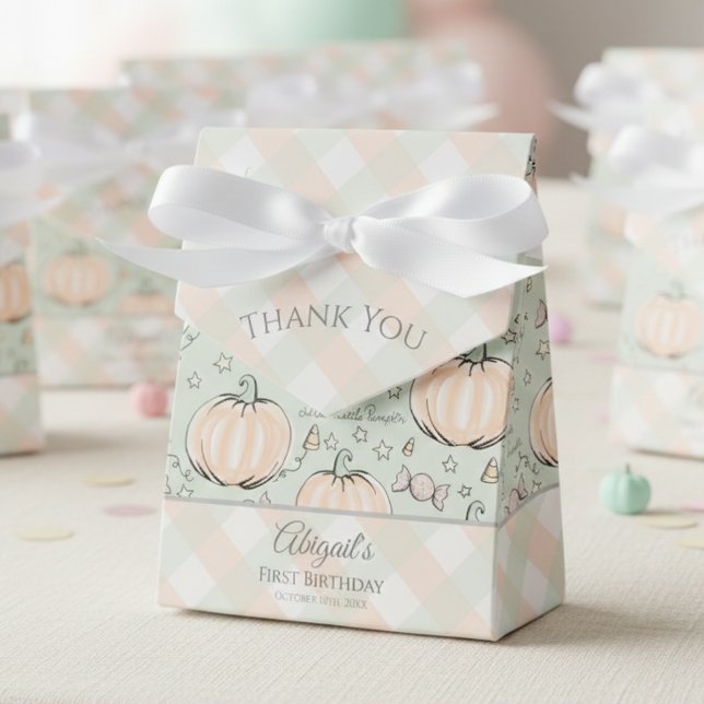 Caixinha De Lembrancinhas Bonita e Doce Pumpkin Halloween e Queda (Green Little Pumpkin Gender Neutral 1st Birthday Favor Boxes. Modern Gingham & Rustic Fall Pumpkins)