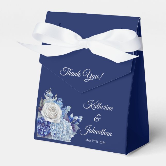 Caixinha De Lembrancinhas Buquê de Flor Azul de Aquarela - Casamento Obrigad (Frente)