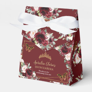 Caixinha De Lembrancinhas Burgundy Blush Floral Quinceañera Butterfly Tiara