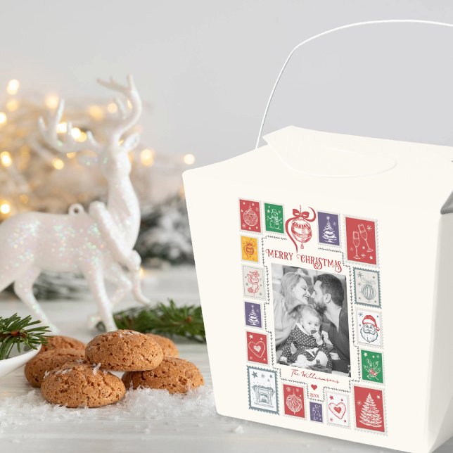 Caixinha De Lembrancinhas Carimbo Retro Nostálgico e Fantasioso Foto de Nata (Whimsical Nostalgia Retro Stamp Christmas Party Events Family Small Business Photo Favor Boxes)