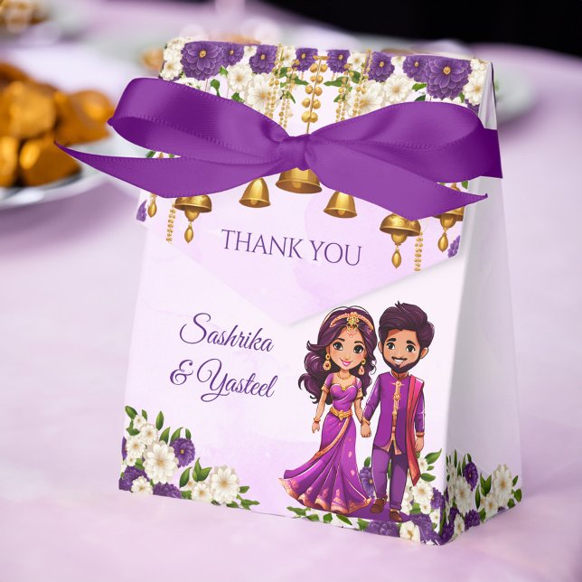 Caixinha De Lembrancinhas Casal de noiva roxa Mehndi (Indian wedding Mehndi Sangeet favors purple flowers cute bridal couple caricature printed Favor Box)