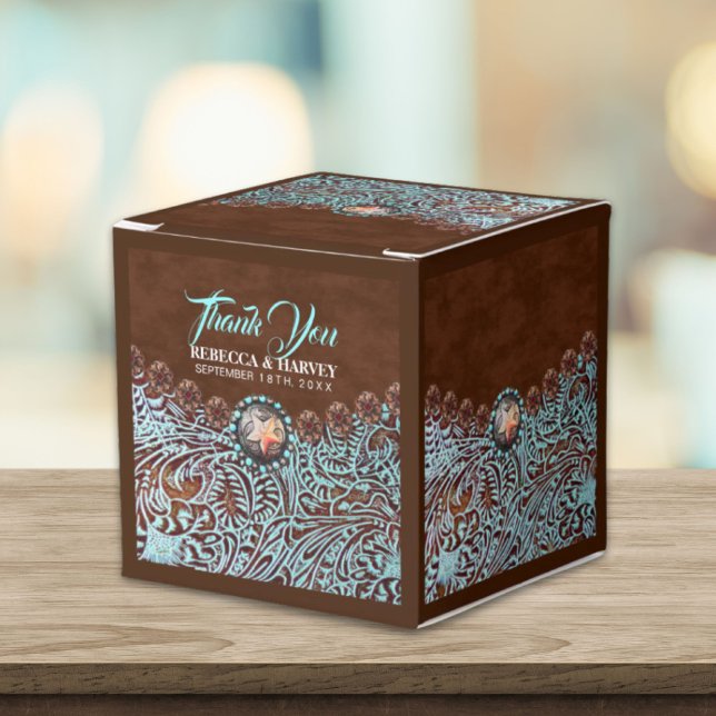 Caixinha De Lembrancinhas casal de vaqueiro marrom turquesa casamento ociden (turquoise brown cowboy country western wedding favor boxes)